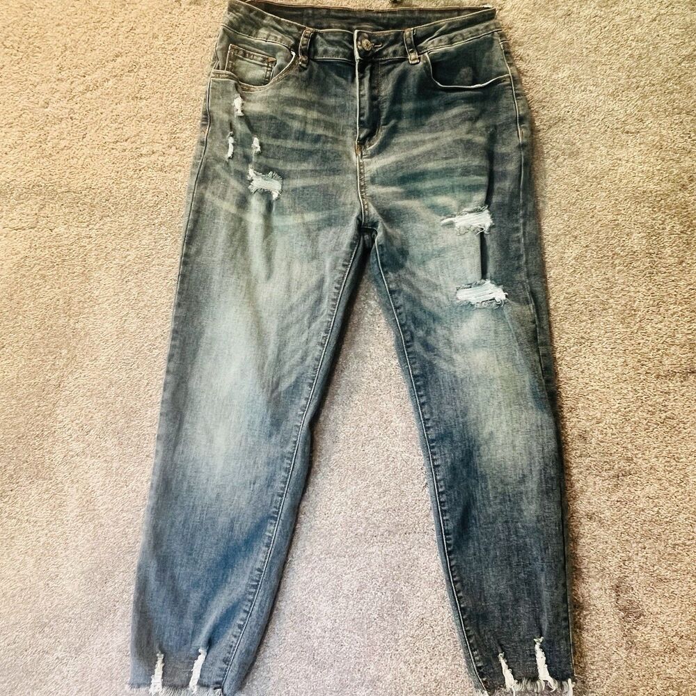 Sidefeel Distressed Skinny Frayed Hem Jeans Womens 12 Medium Wash Ankle Stretch